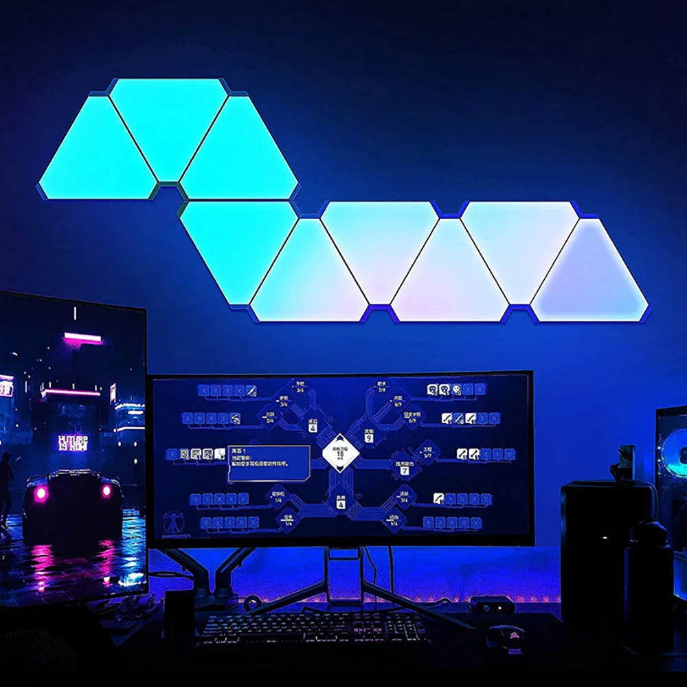 Luz LED RGB Quantum - Para Parede, Triangular, Sincronização com Música, Controlo por App e Voz Luz LED RGB Quantum - Para Parede, Triangular, Sincronização com Música, Controlo por App e Voz